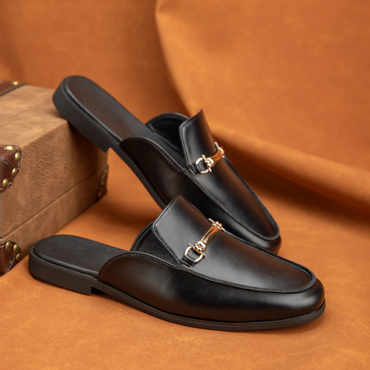 Mens Summer Backless Leather Loafers Half Slippers Breathable Open Back Casual Mules Driving Shoes Black Brown Gift 260306