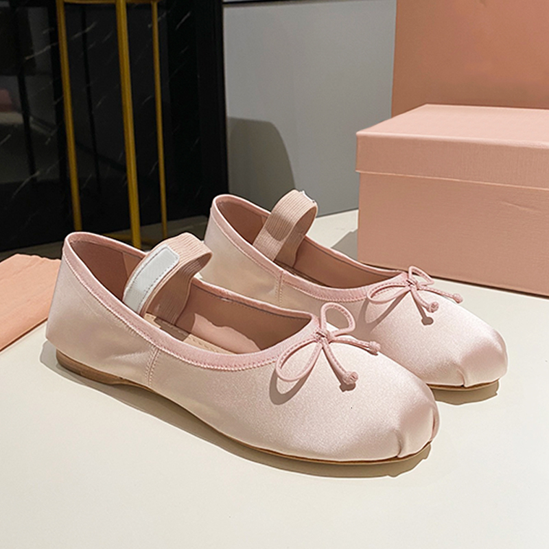 10A Designer Satin Ballerinas Shoes Strap Ballet Flats Girls Leather Mules Women Mary Janes Flats Luxury Bow Silk Round-toe Dress Shoes 1062-image-988944263
