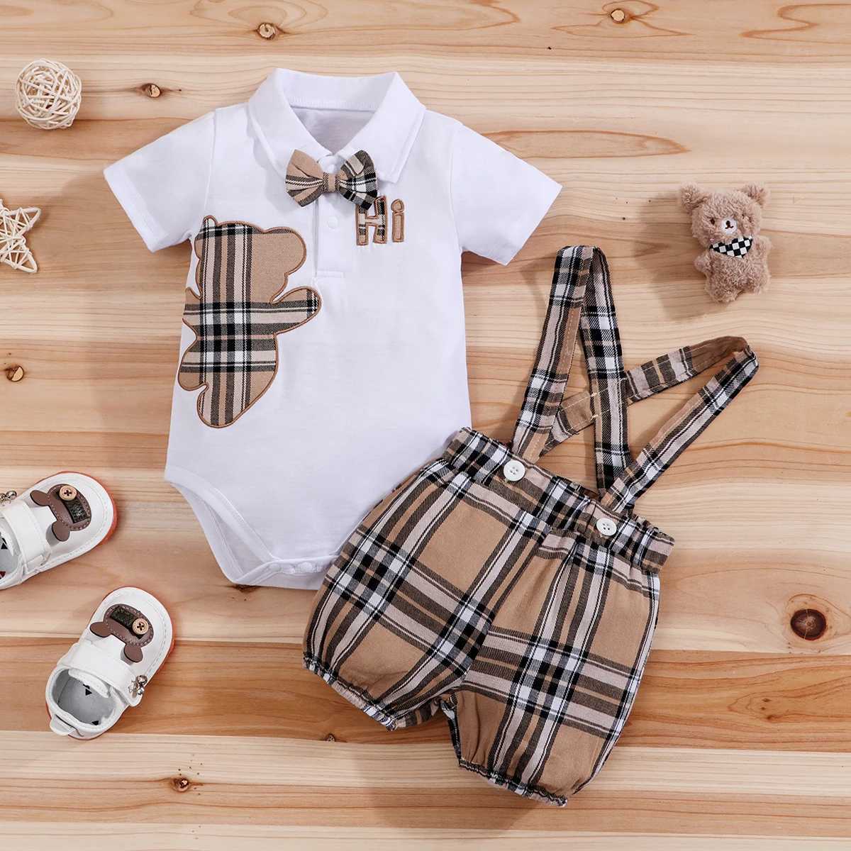 2PCS IURNXB Baby Clothes Sets Short Sleeve Boys Infant Plaid Bear BodysuitSuspenders Trousers Set Overall Newborn Outfits 1-18MT260310-image-1096950378