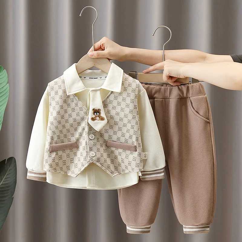 Baby Boy 3 Pieces Clothes Set Children Plaid Vest Embroidery Cartoon Sweater Shirt Pant Outfits Boys First Birthday ClothingT260310-image-1096922904