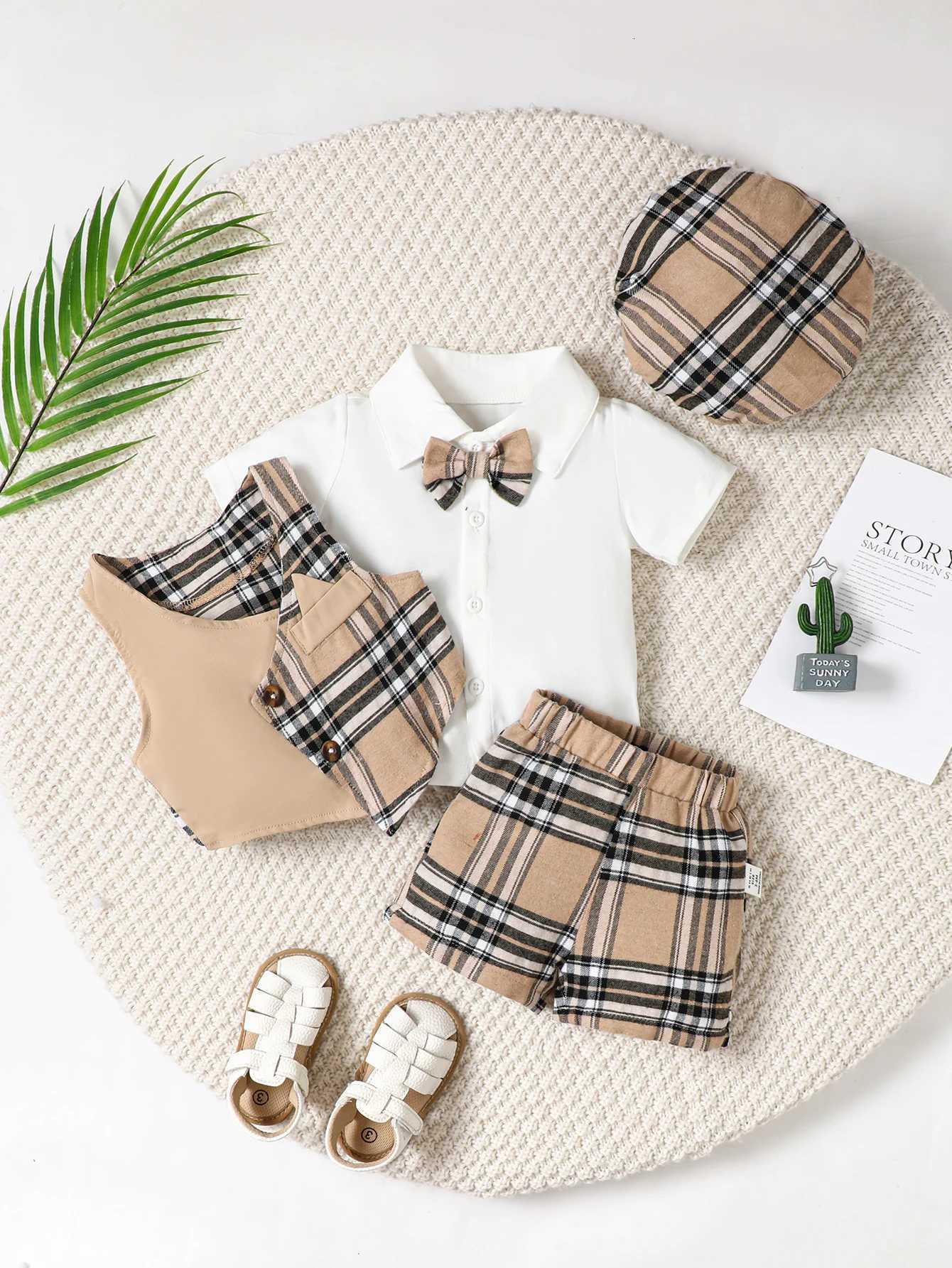 SummerNew 3-36m Gentleman Four Suits White Short-Sleeved PoloShirt Plaid Design Sense Bow Tie Vest Small Outside With Shorts HatT260310-image-1096950464