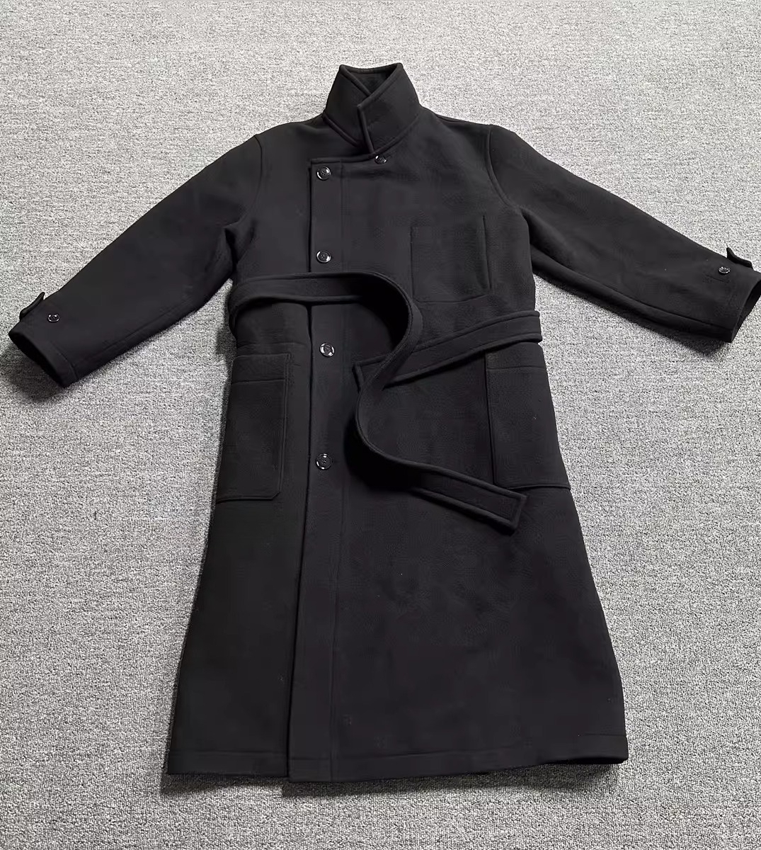 23FW Lema Black Stand Collar Belted Wool Blend Long Coat Men's Fashion Casual Coats Women's Clothing