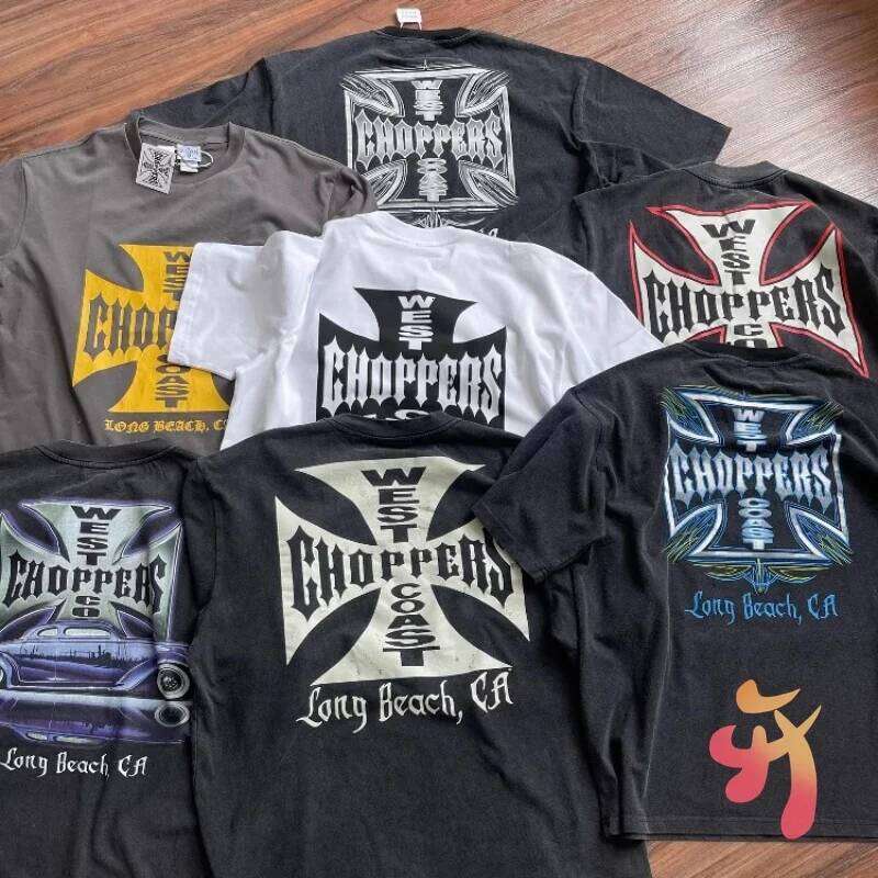 Summer New American High Street Men Women West Coast Choppers Tshirts Trendy Loose Cross Scroll Print Slogan Logo Short Sleeves J260306