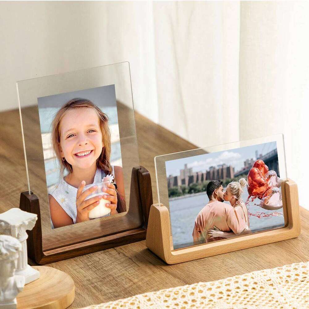Walnut/Beech Creative Photo Set Acrylic U Shape Transparent 10X15 13X18 15X20 20X25cm Desktop Wood Pictures Frame H260310-image-1097014734