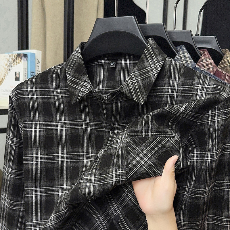Men's Plaid Shirts, Long Sleeve Flare Sleeve Casual Cotton Poplin Shirt - Black And White, Square Collar, Covered Button Closure For Daily Outfits A