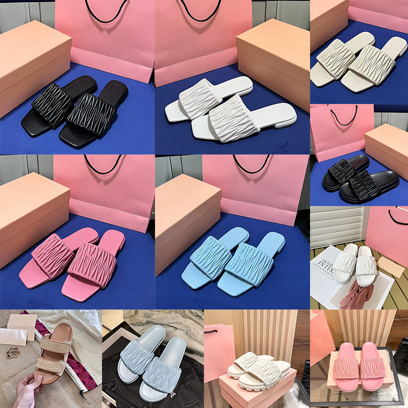 2026 Summer designer Pleated Slippers Women Trend Flat Outdoor Flat Sandals For Women Flip Flops Luxury brand Ladies Shoes Slide pink mu Sandal