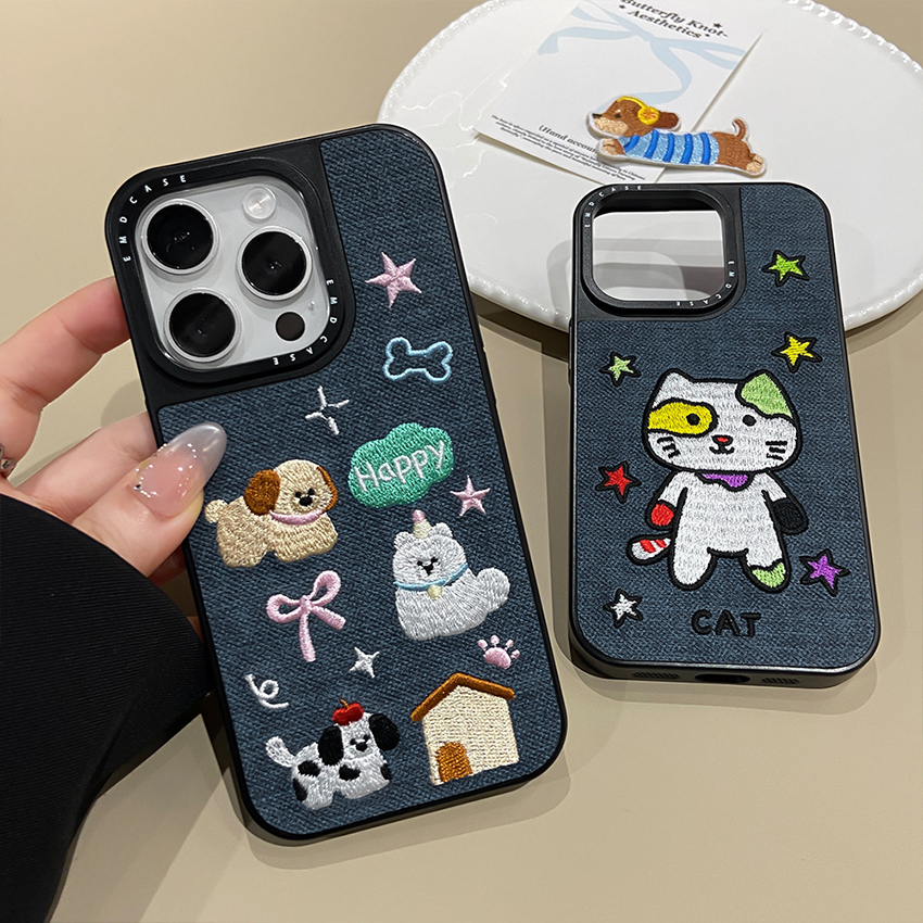 Embroidered Puppy Phone Case For Iphone 17 16 15 14 13 Pro 12 11 Max Plus 16Pro Handmade 16Promax Phone Case 15Pro Fabric 15Promax Cover 14Pro 14