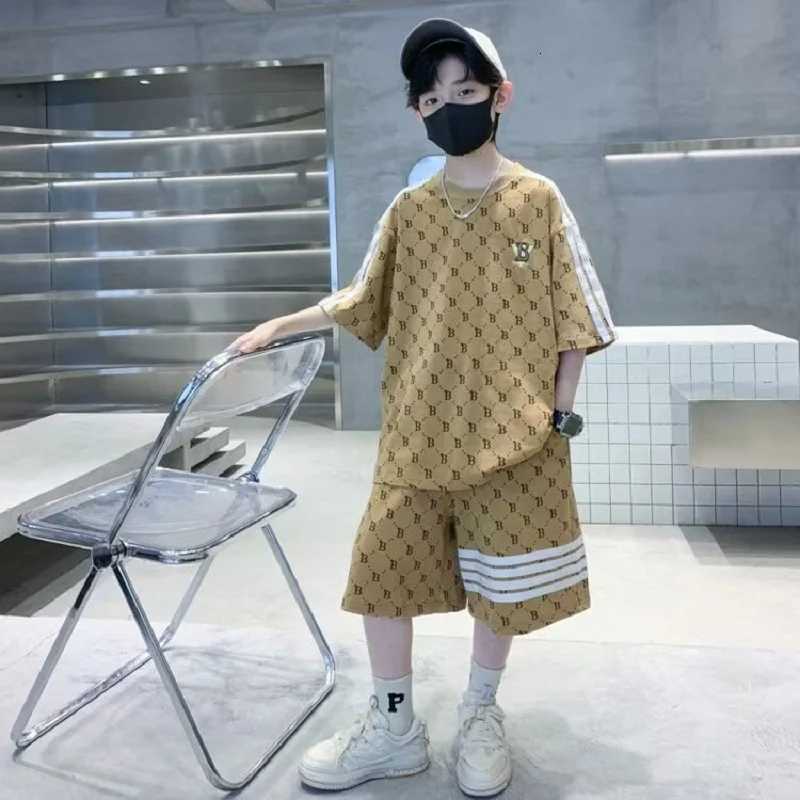 Kids Boutique Clothes Boys Summer Letter Pullover T-Shirt Shorts 2 Pieces Suit Teenage Boy Sport Outfit Gym Tracksuit 6-16yT260310-image-1096949457