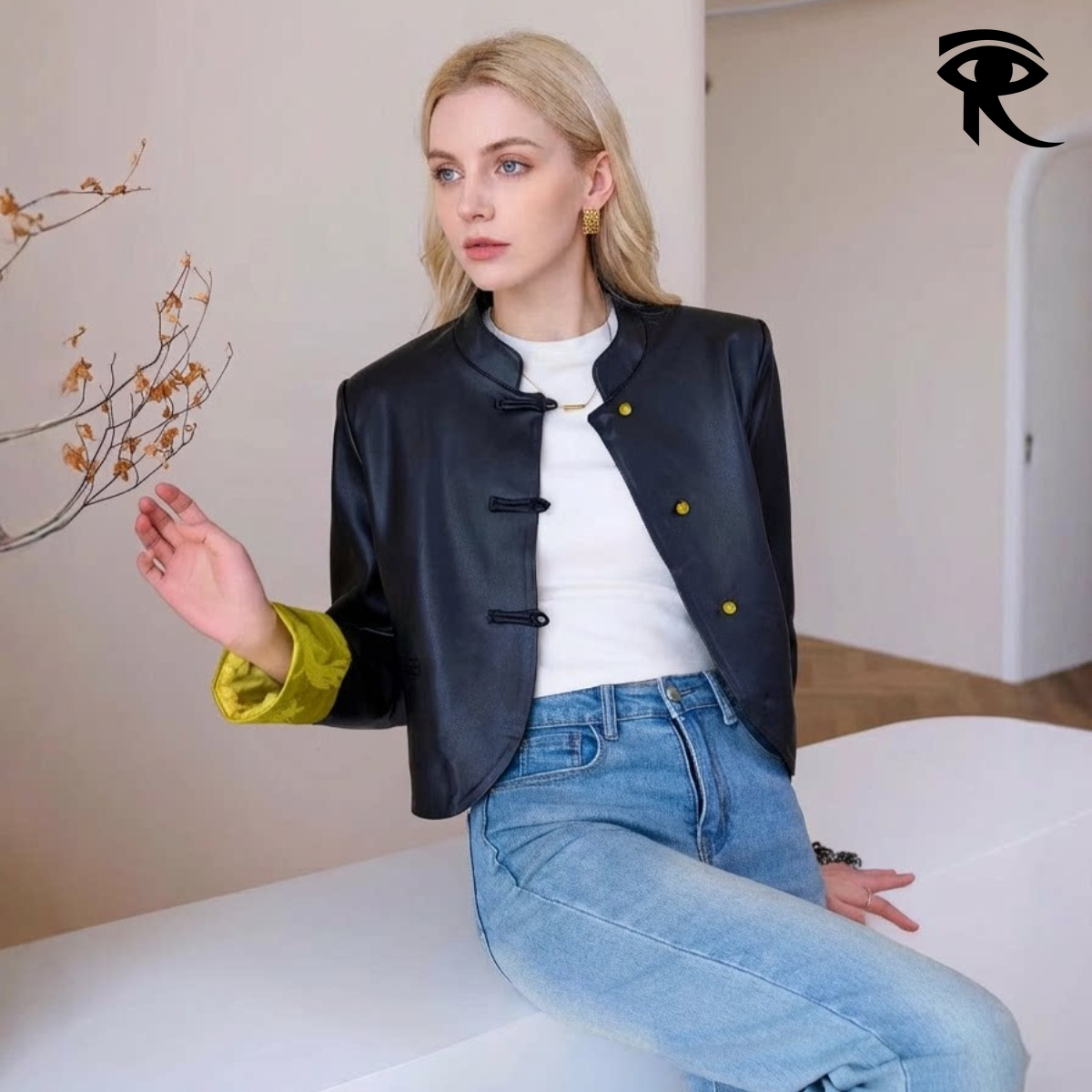 2026 Spring Summer Women's Chinese Style Color Block PU Leather Frog Closure Jacket Cropped Coat Elegant Dating Outerwear Original Designer