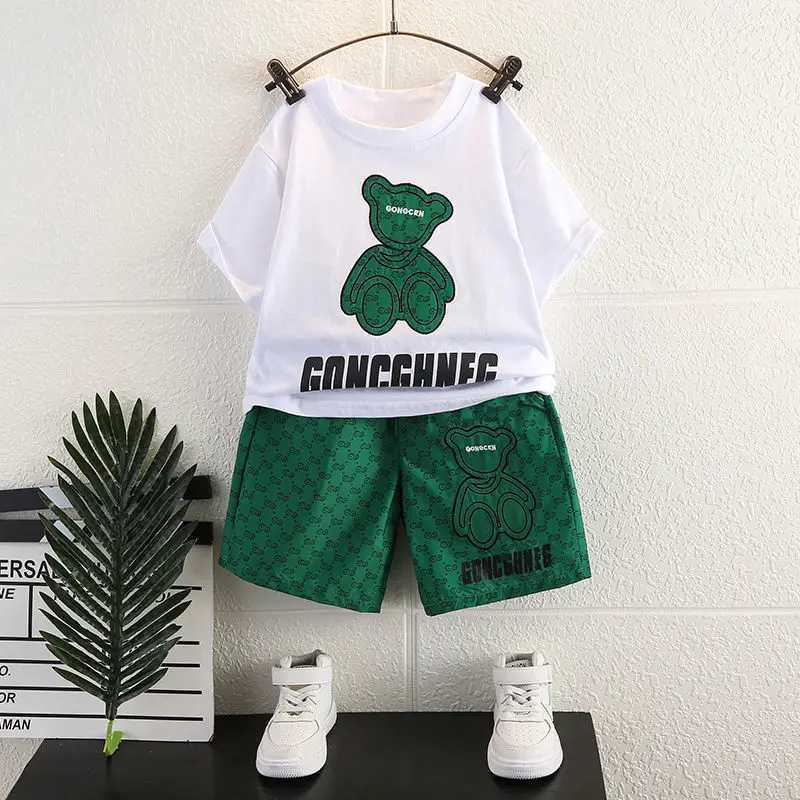 Baby Girl Clothes Set Summer Cartoon Bear T-shirts and Letter Shorts Suit Children Boy Casual Short Sleeve Top Bottom OutfitT260310-image-1096948816