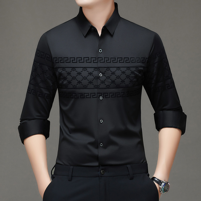 Men's Long-Sleeve Shirt, 100% Cotton Poplin Greek Key Print with Flare Sleeves, Black Square Collar and Covered Buttons - Casual Dress Shirt for Off