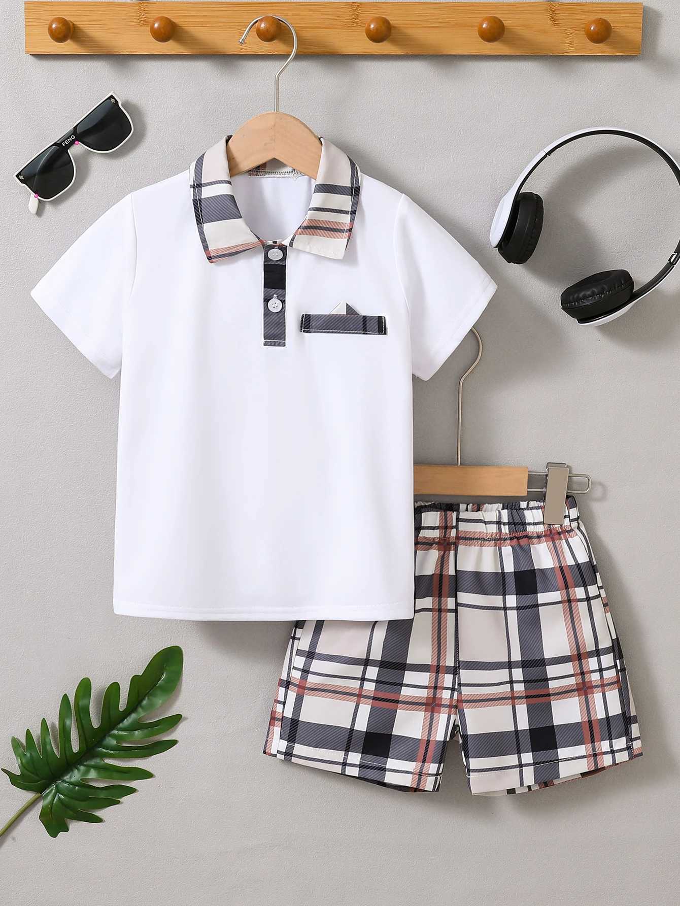 T-Shirt et short imprimés à carreaux pour garçons, costume deux pièces Simple et décontracté, à la mode, StyleT260310, été