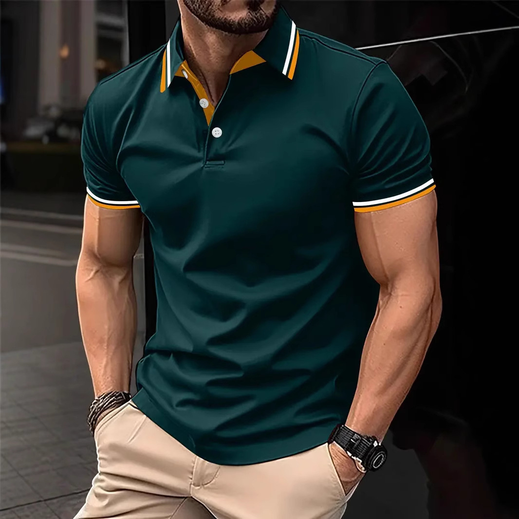 Clothes New Model Cross-Border Men's Slim-Fit Luxury POLO Shirt With Ribbed Stripes, Designer 2026 Turn-Down Collar, Brand Buttons, Solid Color