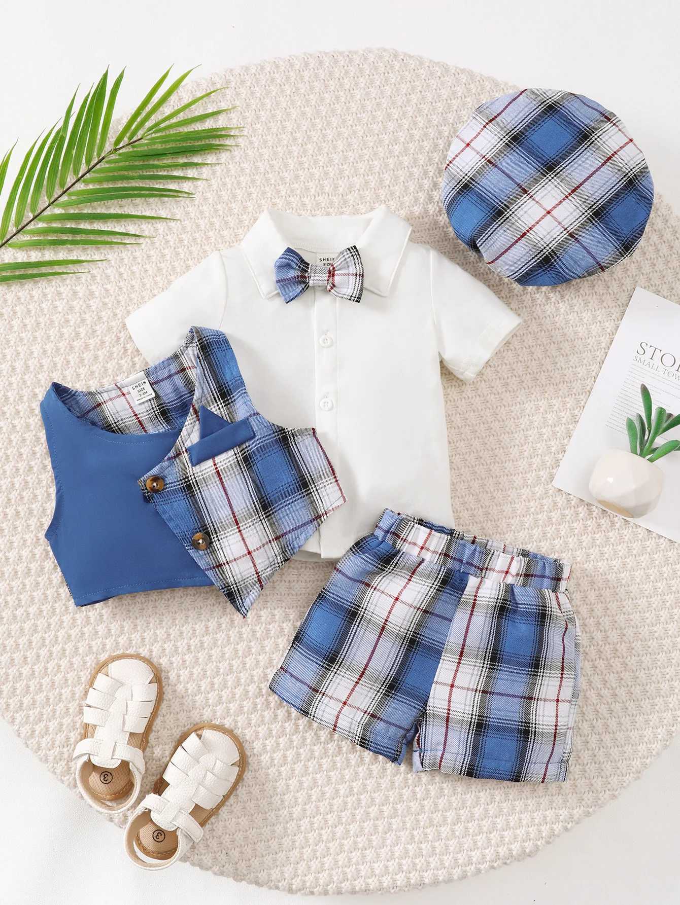Party Formal Boy Baby Summer Short Sleeve Plaid Irregular Vest Shorts Hat White Lapel Small Shirt Handsome Fashion SuitT260310-image-1096950081