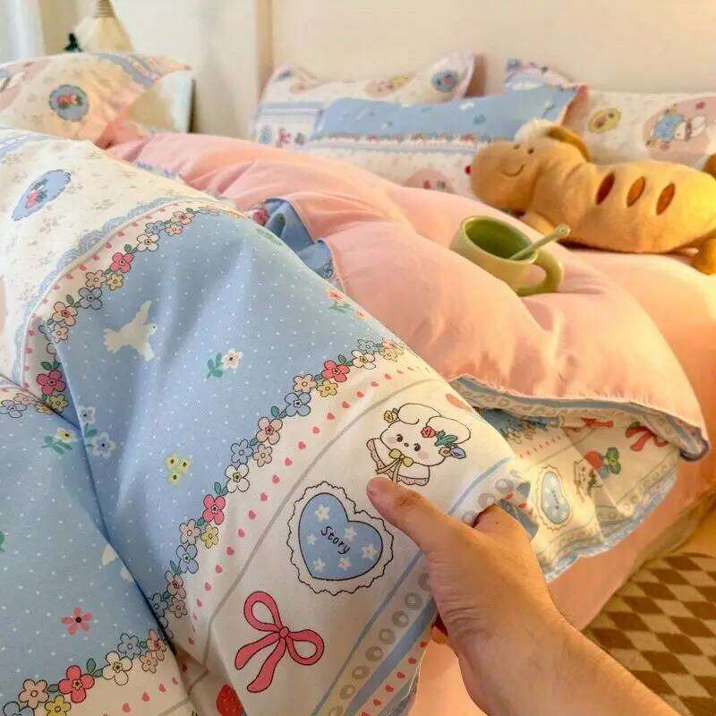 Cute Rabbit Bedding Set New No Filler Ins Floral Duvet Flat Sheet Pillowcases Twin Queen Size Girls Boys Comforter Cover H260311-image-1097170692