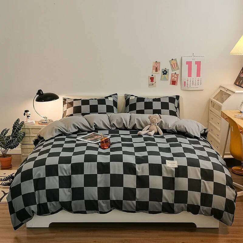 Pure Cotton Cover Set,Bedding Set With Plaid Stripe,1 Duvet Cover,1 Flat/Fitted Sheets,1/2 Pillowcases,Soft Simple Style H260311-image-1097173618