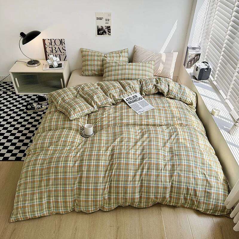Japanese Simple Plaid Duvet Cover Retro Stripe Bedding 3PCS Soft Breathable Lightweight Quilt Covers Set with Zipper Closure H260311-image-1097167435