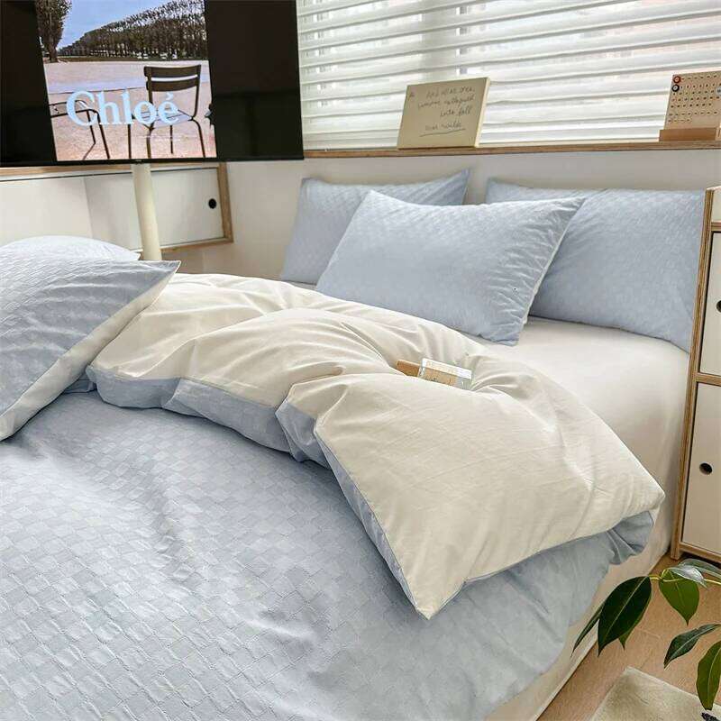 New Arrival Washed Cotton Waffle Jacquard Bedding Set,Duvet Cover with Zipper, Pillow Cases,Contrasting Color Super Soft H260311-image-1097174649