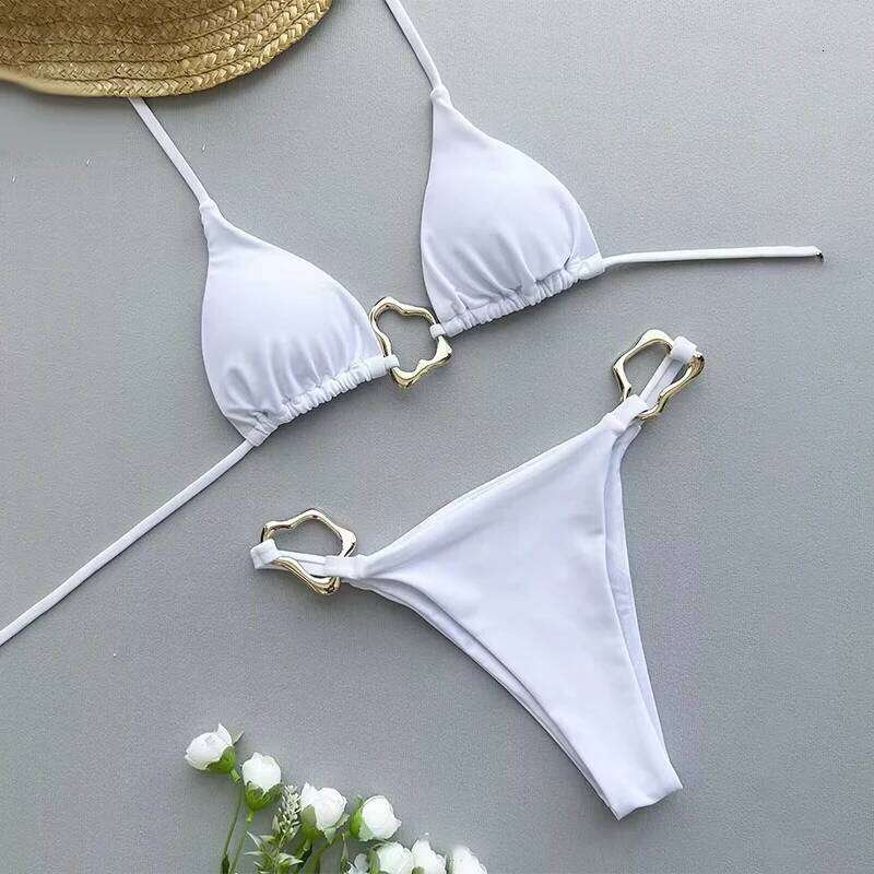 Sexy Solid Color Halter String Triangle Two Piece Bikini Trendy Metal Buckle For Women Summer Beach Lace-up Swimsuit XJ260311-image-1097144859
