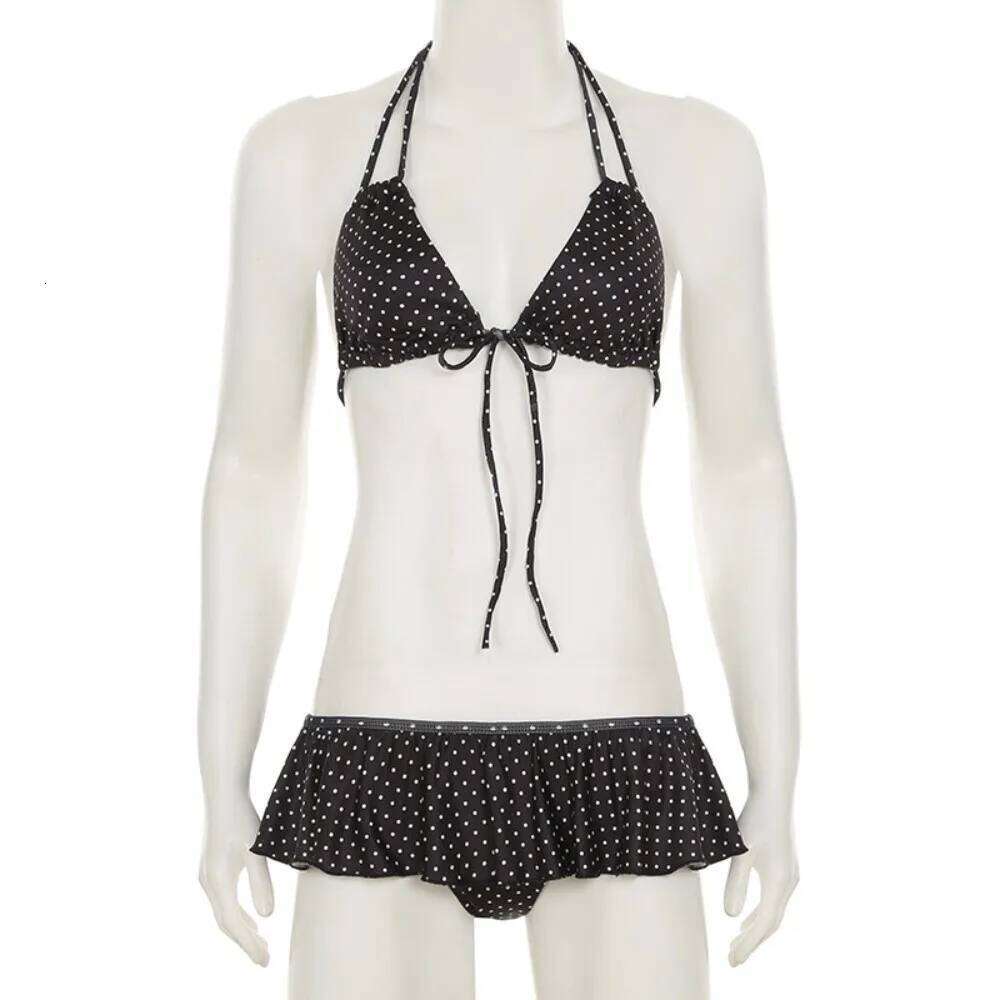 Sexy Ruffled Bikini Suit Lace Up Deep-V Swimwear Set Halter Neck Slim Fit Polka Dot Swimsuit Resort Wear XJ260311-image-1097159255