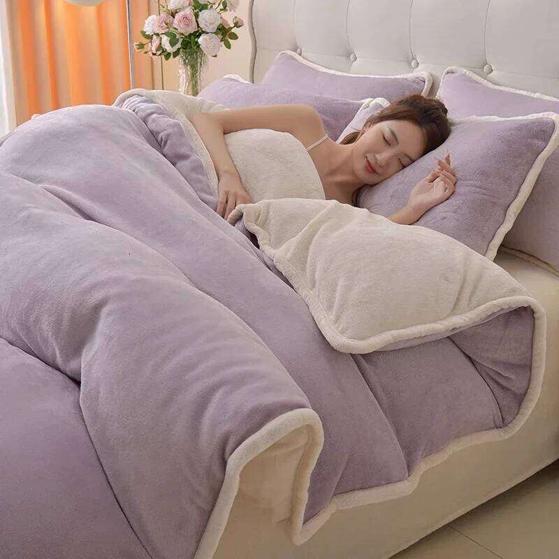 Simple wind milk one-piece set thickened coral solid color bed sheet quilt cover single piece fleece winter H260311-image-1097165686