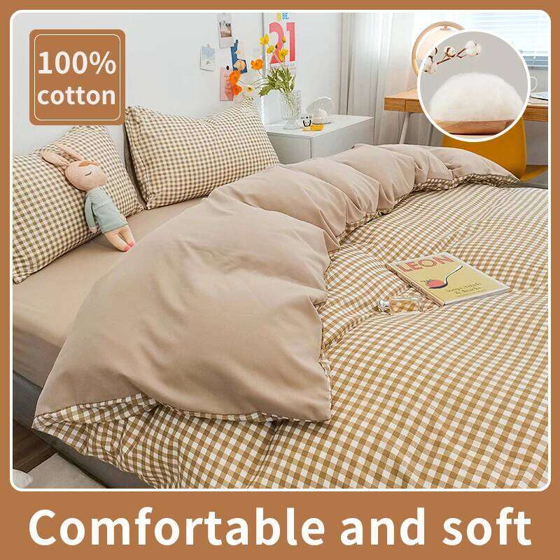 100% Cotton Cover Set,Bedding Set With Plaid Stripe,Skin Friendly Breathable,1 Duvet Cover,2 Pillowcase,Japan Simple Style H260311-image-1097174700