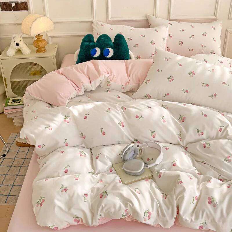 Ensemble 3 pièces à imprimé floral végétal en forme de cœur, housse de couette et une paire de taies d'oreiller sans rembourrage, adapté à la cha