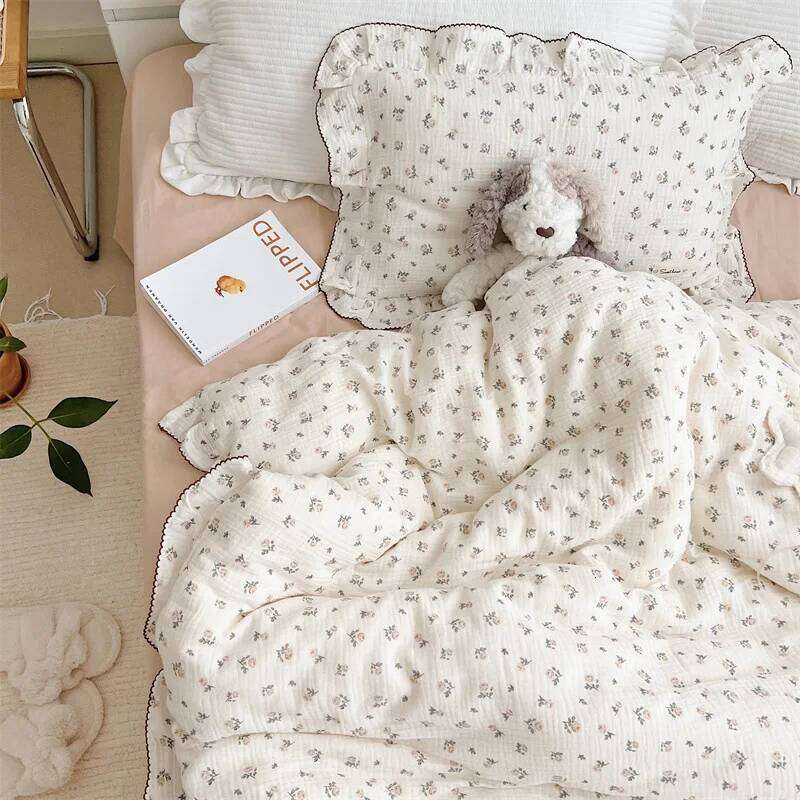 INS Princess Ruffle Edge Gauze 100% Cotton Pillow Case Breathable Duvet Cover Without Filler 3PCS Floral Home Bedding Set H260311-image-1097174150