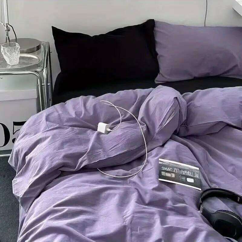 Korean Solid Purple Bedding Soft Flat Sheet Duvet Pillowcase Polyester Bed Linen Twin Queen Full Size Quilt Cover Set H260311-image-1097167656