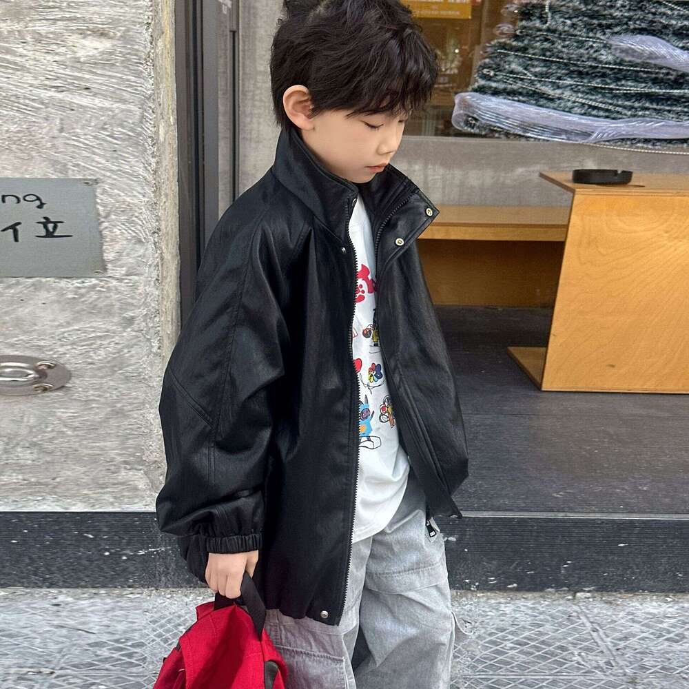 2026 Spring and Autumn New Leather Boys' Motorcycle Jacket, Versatile Casual Lined Children's Clothing Trend L260311-image-1097105923