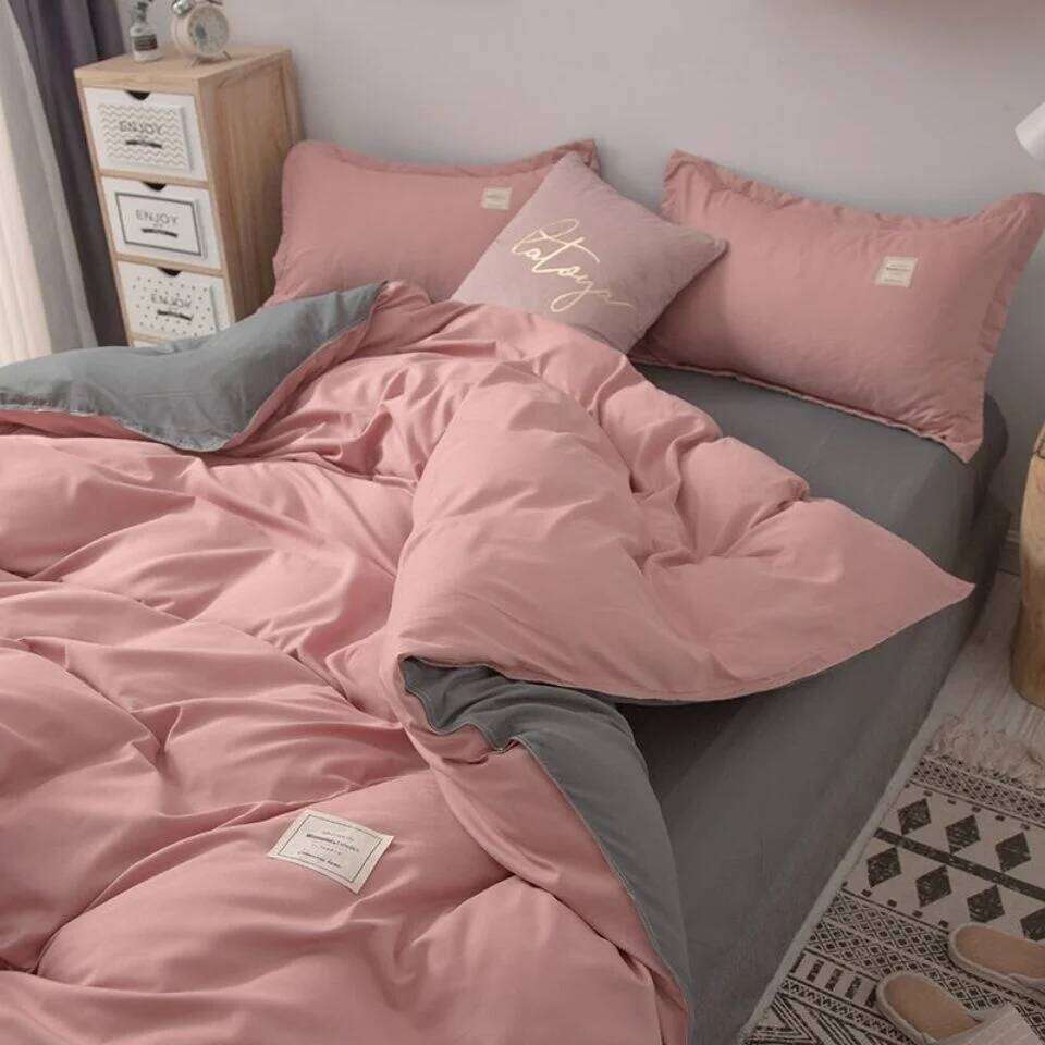 Simple japonais couleur unie rose ensemble de literie couverture double pleine reine lin fille femmes Polyester lit drap plat taie d'oreiller H26