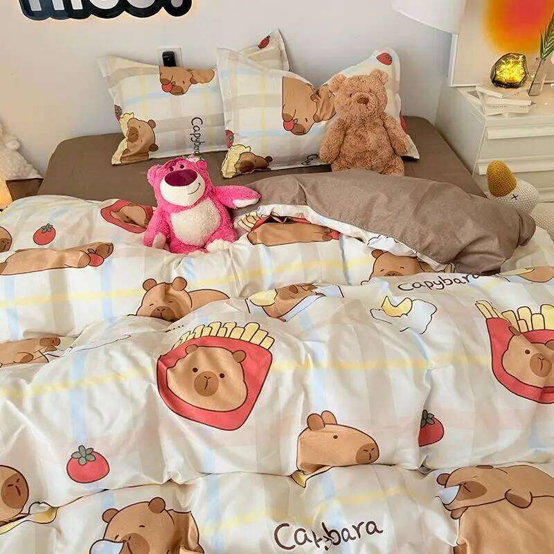 Cute Capybara Duvet Cover Boys Girls 3 4pcs Bedroom Decoration Flat Bed Sheet Pillowcases Single Double Size Bedding Set H260311-image-1097169199