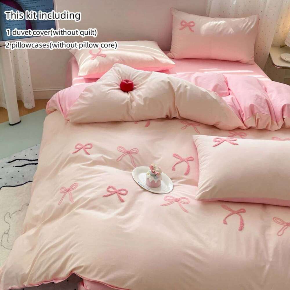 3 Piece Sheet Pink Bowknot Quilt Set, Comfortable Embroidery Bedding Set Bedspread for All Seasons H260311-image-1097174682