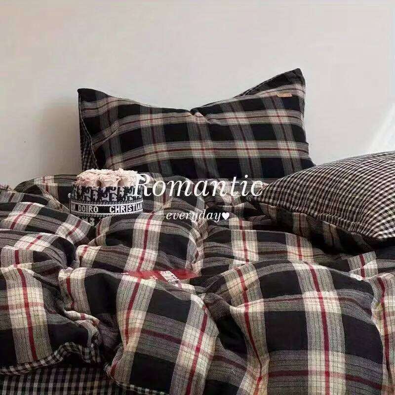 Ensemble de literie à grille rouge noir, housse de couette douce, sans drap plat de remplissage, avec taie d'oreiller, pour filles et garçons, ta