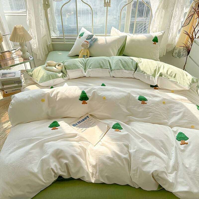 3 Piece bedding green Christmas tree embroidery Quilt Set comfortable duvet cover set for All Season H260311-image-1097174101