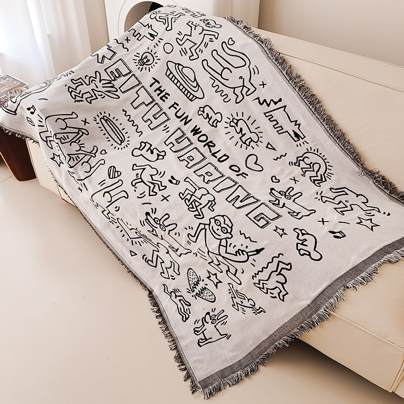 Black and white graffiti sofa cover, bed runner, decorative tapestry, camping blanket, picnic mat, nap blanket 63UZ01-image-1097137415