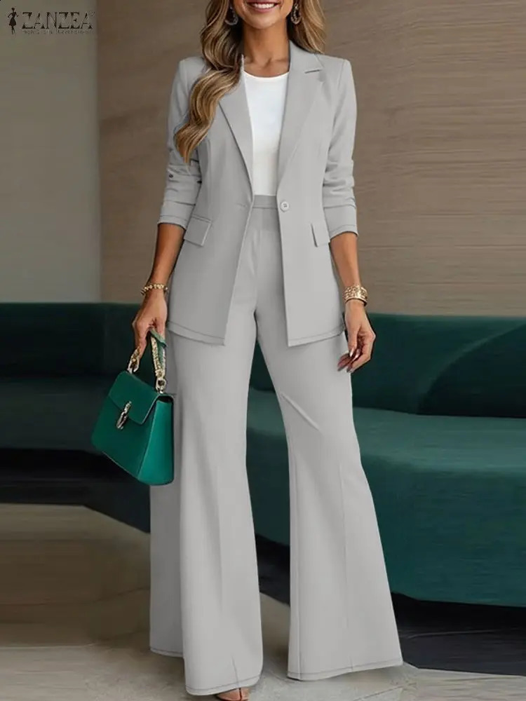 ZANZEA Women 2026 Spring Outfits Office 2 Piece Sets Elegant Long Sleeve Blazer Coats Pant Sets Fashion Solid OL Work Tracksuit 260920