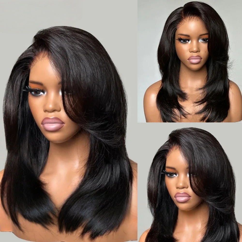 Real HD Lace Glueless Straight Style Human Hair Wig 13x4 13x6 HD Frontal Wig Wear And Go Layered Cut Wig With Side-Swept Bang Pre Plucked For Women 43$