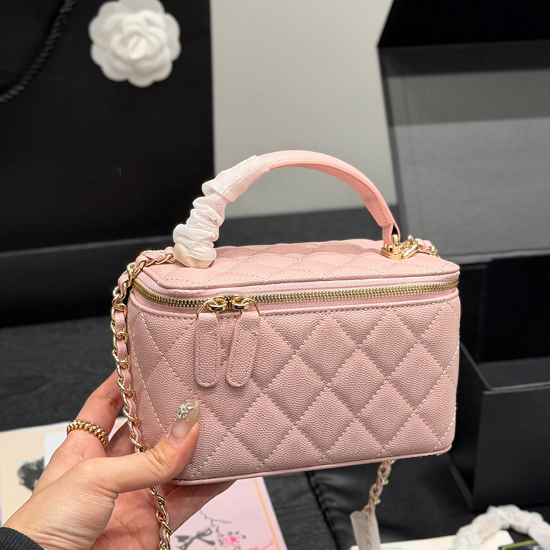 Lambskin/Caviar Leather Top handle Tote Vanity Makeup Box Bags With Gold Chain Crossbody Handbag Shoudler Zipper Suitcase With Mirror Card Holder-image-969443150