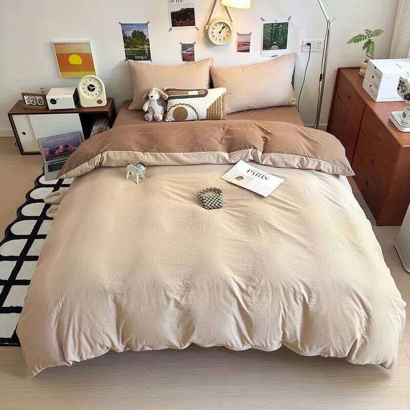 New Duvet Super Soft Pure Color Wash Quilt Cover 4-piece Bedding Set 3-piece Dormitory 180x220 200x230 Skin-friendly H260311-image-1097166549