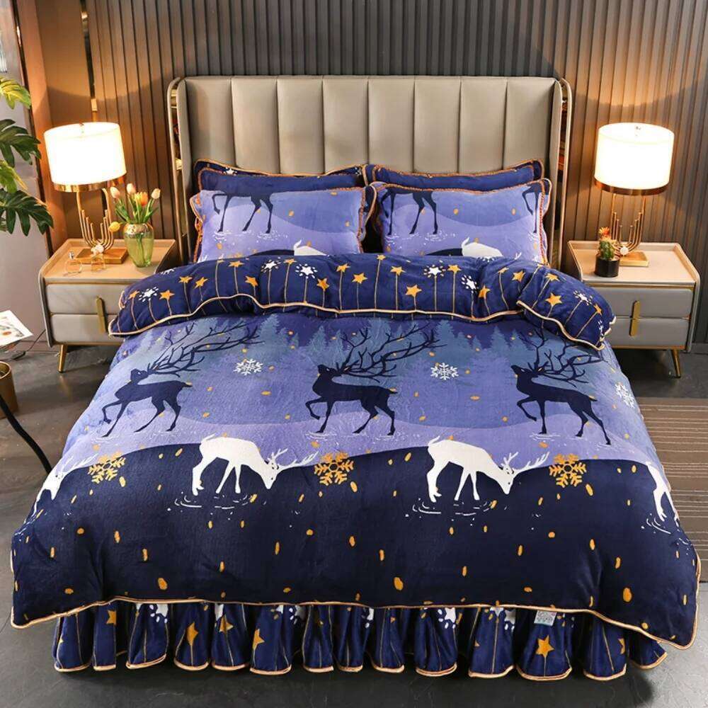 Double-Sided Milk Velvet Four-Piece Thickened Winter Warm Soft Bedding Set Floral Printed Quilt Cover Pillowcase Bed Skirt H260311