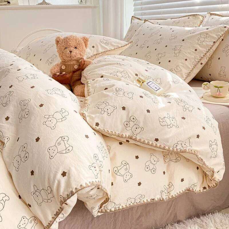 Cute Cartoon Bear Bedding Set Simple Duvet Cover Cotton Linens Bed Sheets Pillowcase Single Double For Kids Decor Home H260311-image-1097167735