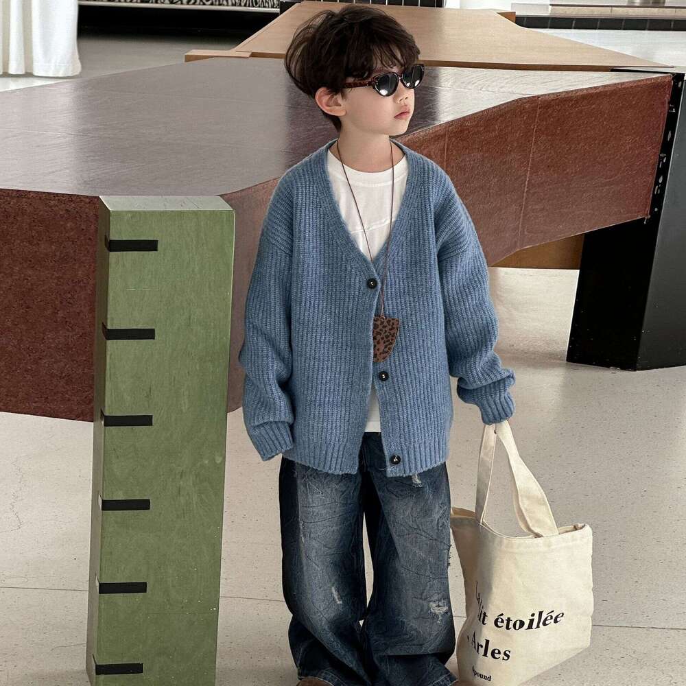 Boys' Knitted Cardigan 2025 New Wool Sweater Spring and Autumn Korean Style Knitwear Trendy Children's Clothing L260311-image-1097084100
