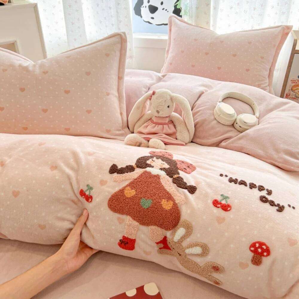 Serviette de dessin animé broderie literie épaissie hiver chaud doux lait velours quatre pièces ensemble maison housse de couette drap de lit tai