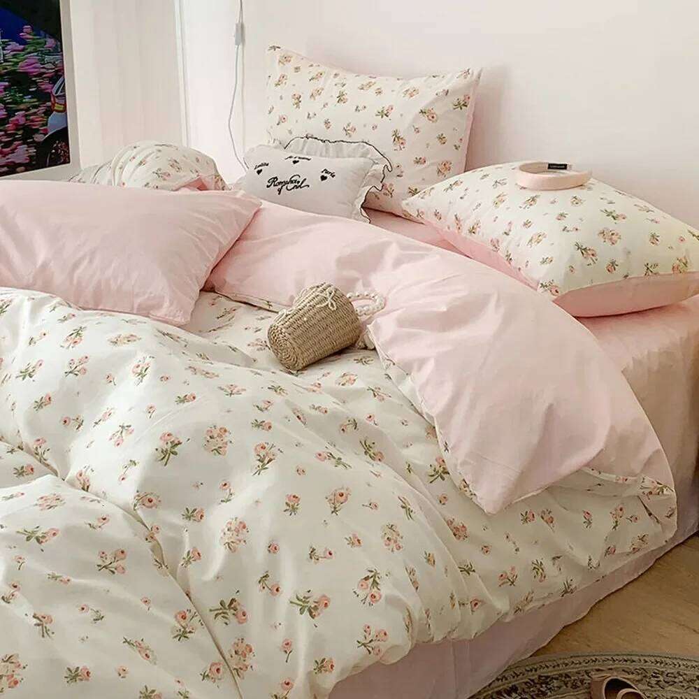 Pink Floral Bedding Set Soft Ins Single Double Queen Size Duvet Cover Flat Sheet Pillowcase Girls Home Totel Bed Linens H260311-image-1097175303