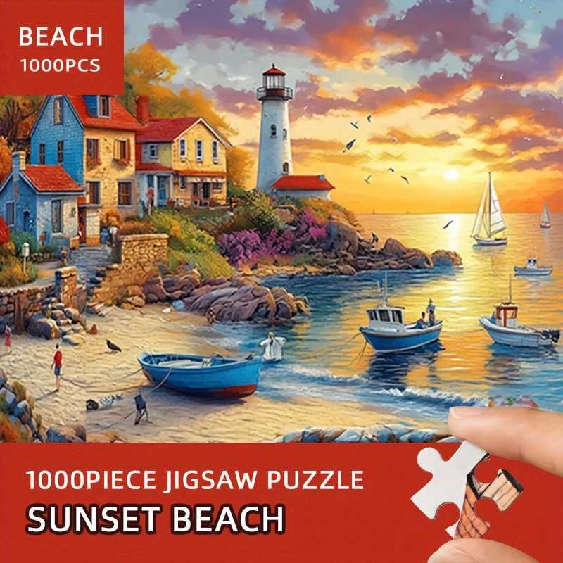 Large 1000pcs Beach Sunset Jigsaw Puzzle - Town Scene 70x50cm Paper Puzzle for Adults Families - Perfect for Home Decor Z251209-image-1097151402