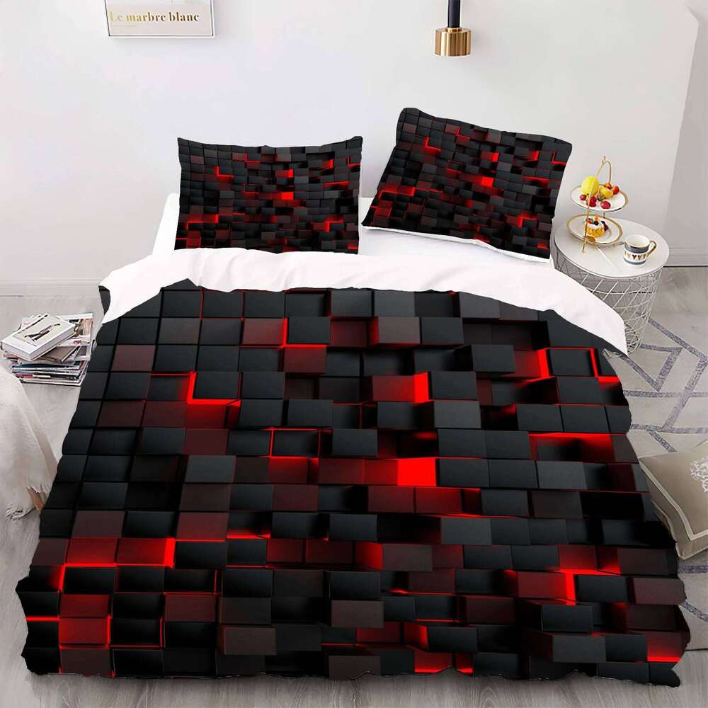 Black and Red Check style Digital Printed Duvet Set Polyester - Bedroom Decor -1 bed cover +2 pillowcases no pillow core H260311-image-1097174837