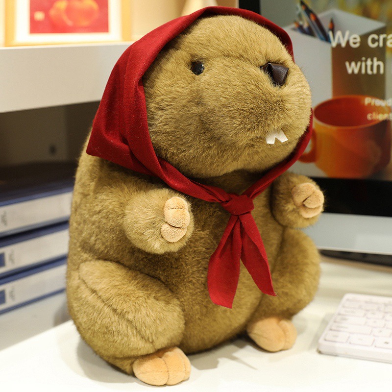 Cute Red Scarf Groundhog Plush Toy Stuffed Animal Doll for Kids-image-1097090525