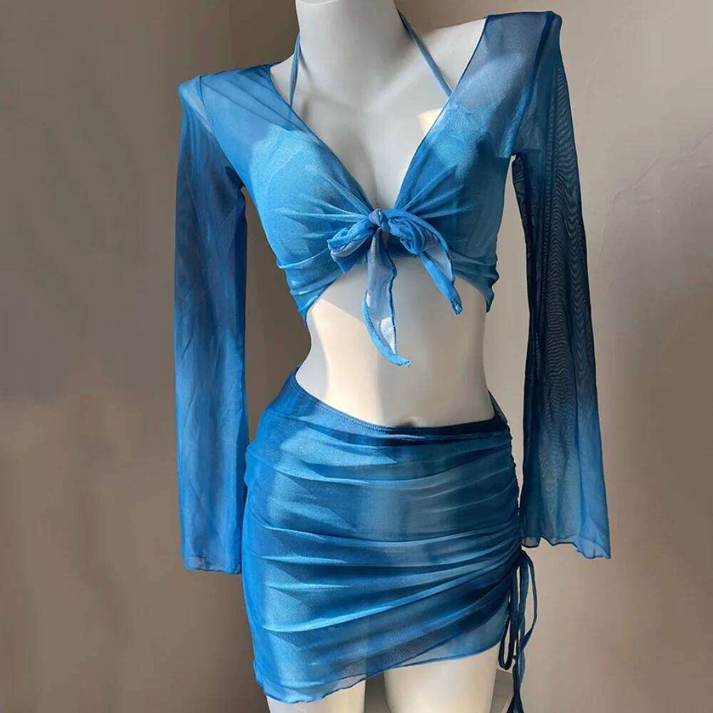 Casual Style Tie Dye Bikini Mesh Long Sleeve Pleated Skirt Swimsuit Side Ruched 4 Piece Swimwear Set Summer Wear XJ260311-image-1097141698