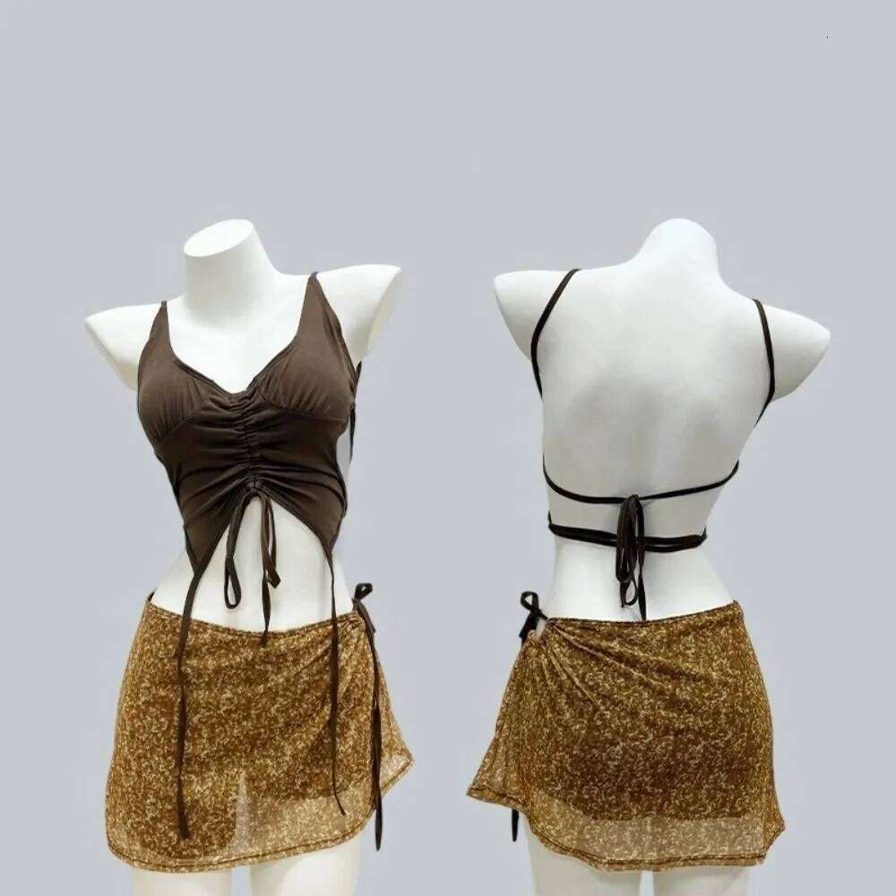 Three Point Coffee Swimsuit Suit Neck Lace-up Design Bikini Set Mini Style Slimming Halter Backless Small Chest XJ260311-image-1097149412